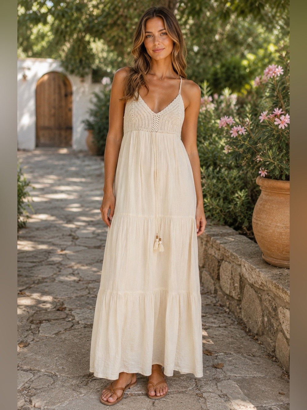 American Eagle Outfitters Cream Crochet-Bodice Maxi Dress